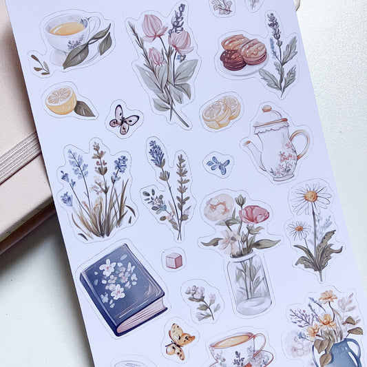 Flores y té | Hoja de 23 stickers