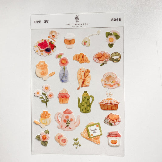 Plancha de stickers DTF UV · Desayuno bonito