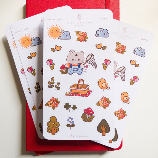 Hoja De Stickers Gatito Picnic Flores Y Arboles Kawaii