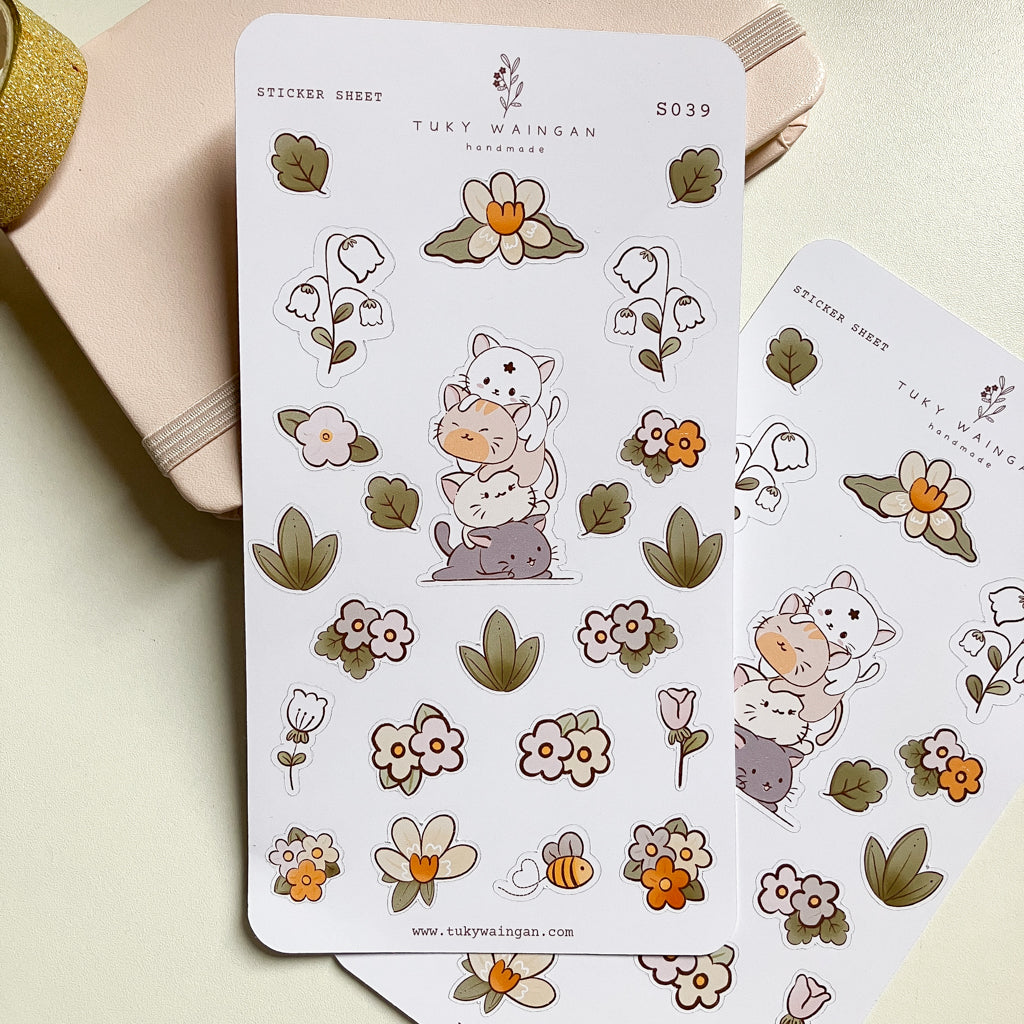 Hoja 23 Stickers Gatitos Traviesos Y Flores Kawaii