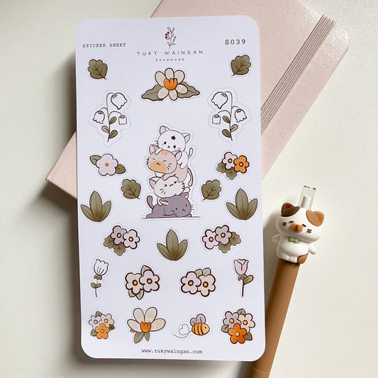 Hoja 23 Stickers Gatitos Traviesos Y Flores Kawaii