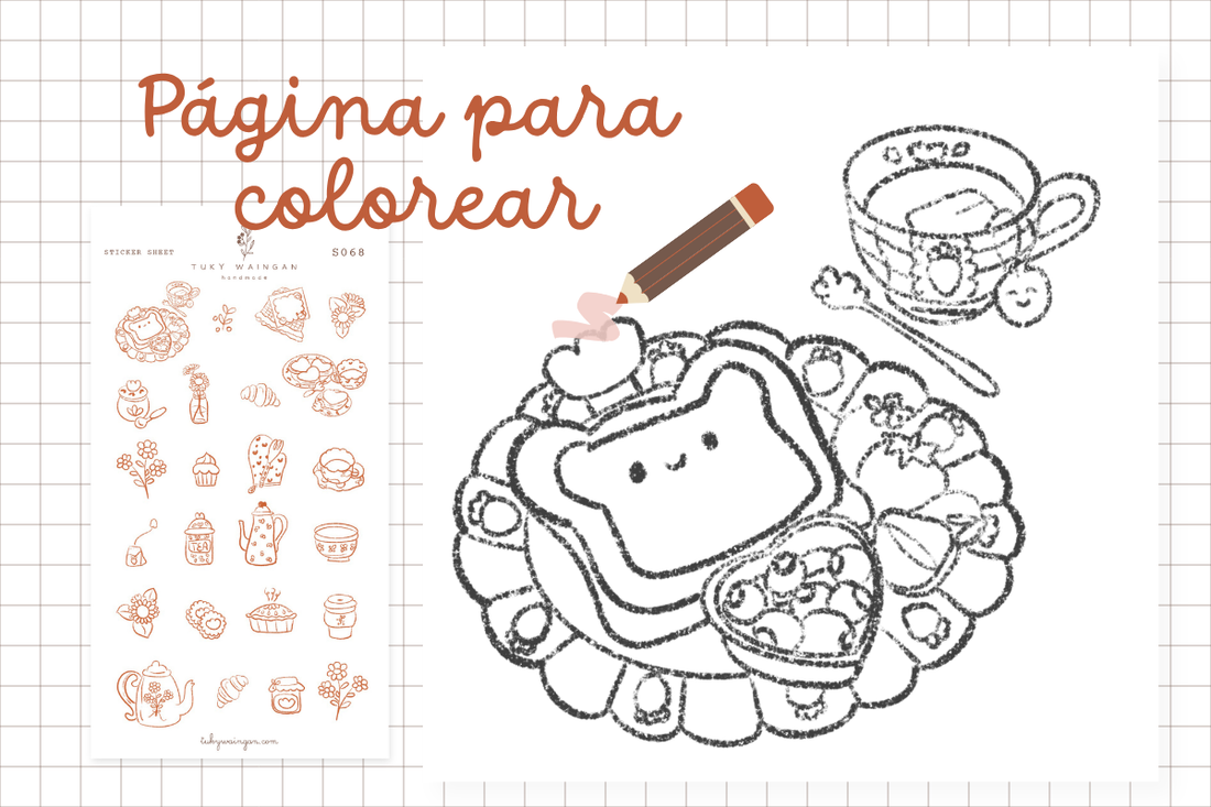 Boceto de hoja de stickers S068 temática desayuno y merienda, ilustración a mano por Tuky Waingan