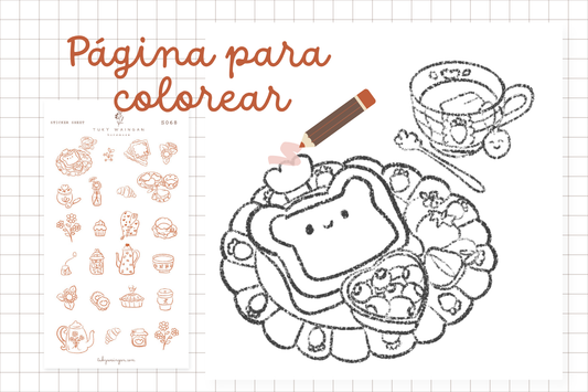 Boceto de hoja de stickers S068 temática desayuno y merienda, ilustración a mano por Tuky Waingan