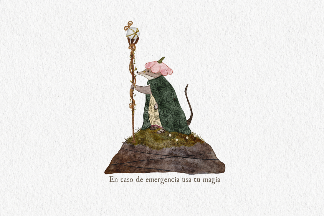 Ilustración de Martita la maga con su báculo y capa de estrellas, postal handmade por Tuky Waingan