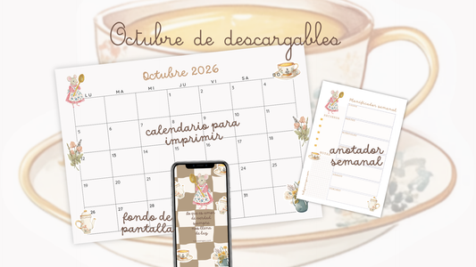 Descargables ilustrados de octubre de 2026 de Tuky Waingan: fondos de pantalla, calendario A4 y planificador semanal.