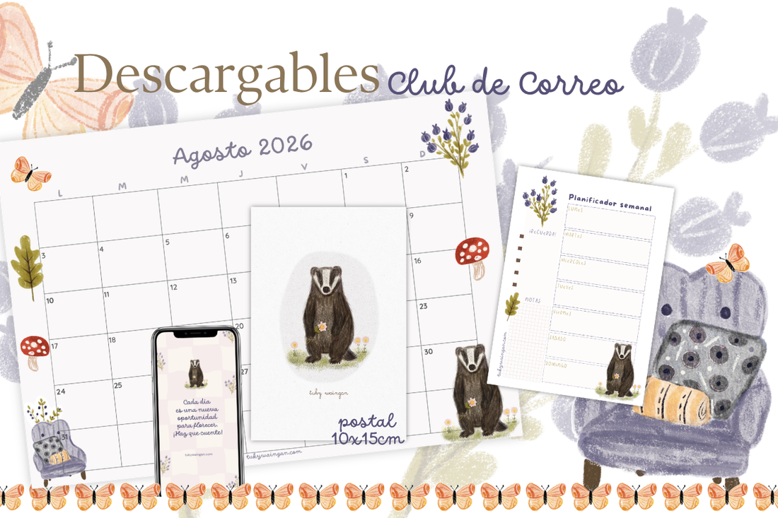 Descargables exclusivos de agosto del Club de Correo Tuky Waingan: fondos de pantalla, postal, calendario y block de notas