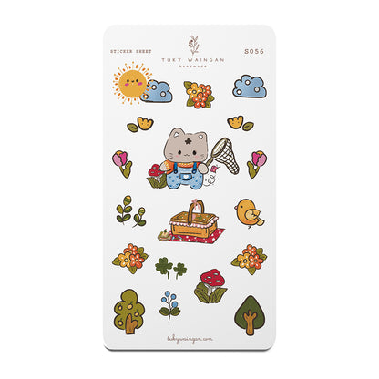 Hoja De Stickers Gatito Picnic Flores Y Arboles Kawaii