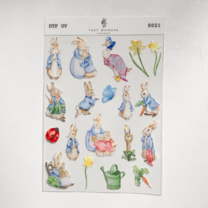 Plancha de stickers DTF UV · Conejitos de jardín · S021