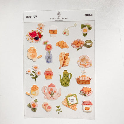 Plancha de stickers DTF UV · Desayuno bonito