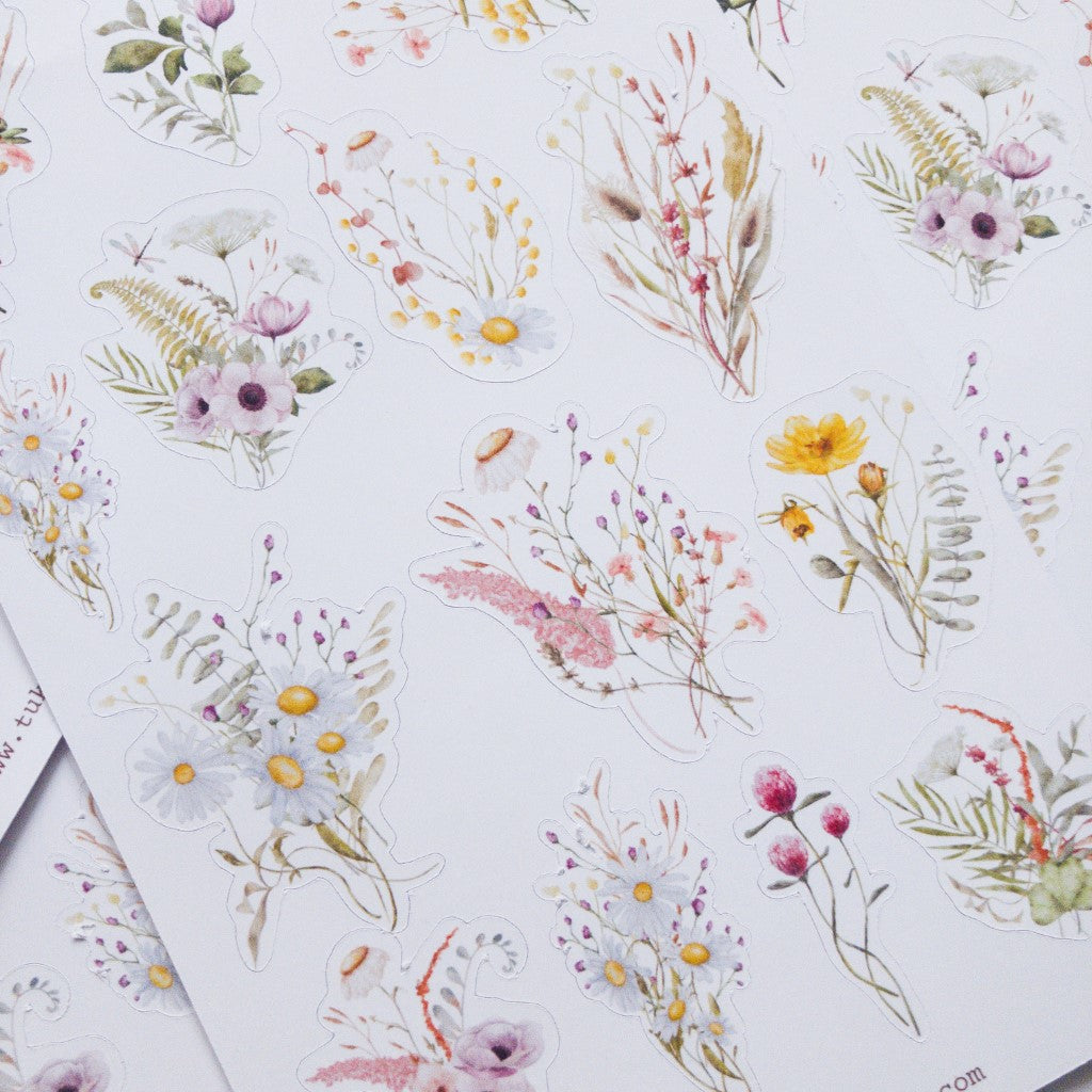 Hoja De 14 Stickers Botánicos Romantic Bullet Bujo Scrapbook