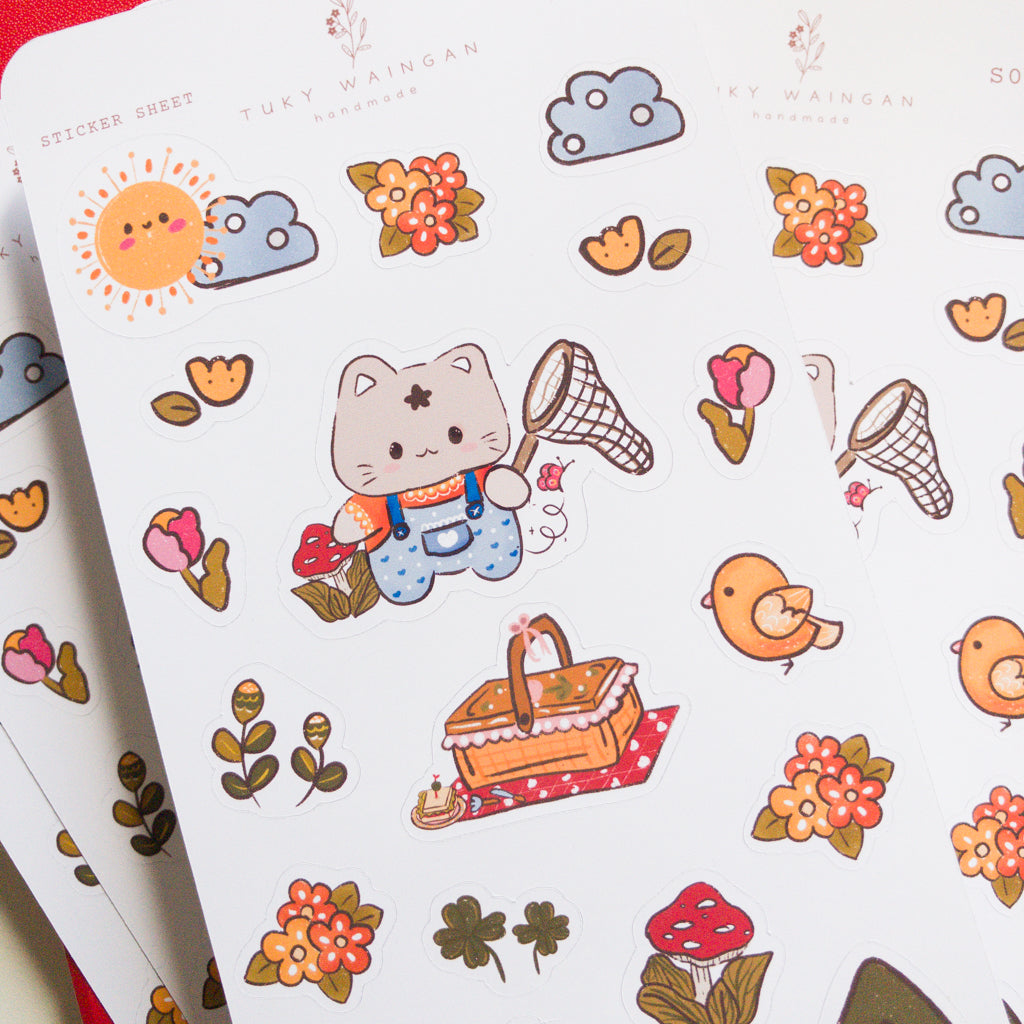 Hoja De Stickers Gatito Picnic Flores Y Arboles Kawaii