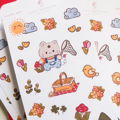 Hoja De Stickers Gatito Picnic Flores Y Arboles Kawaii