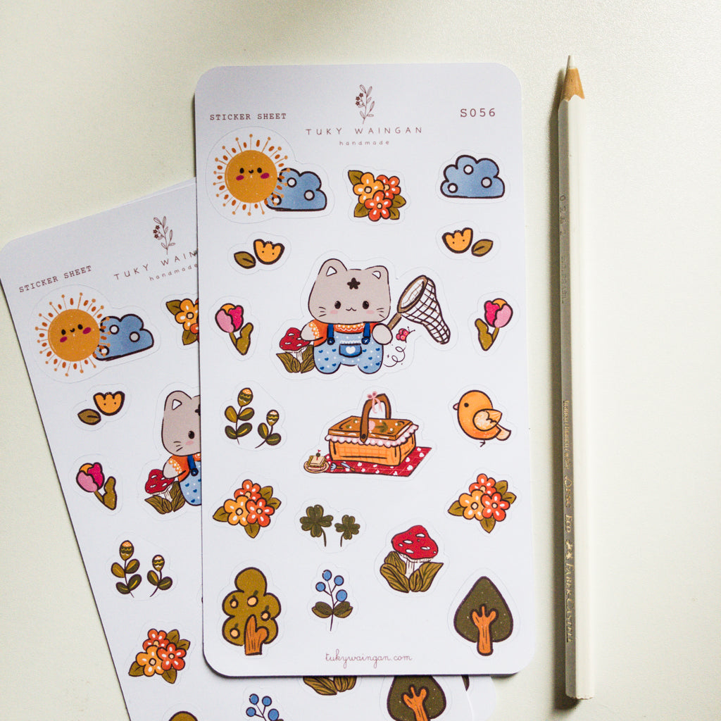 Hoja De Stickers Gatito Picnic Flores Y Arboles Kawaii