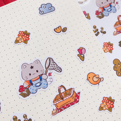 Hoja De Stickers Gatito Picnic Flores Y Arboles Kawaii