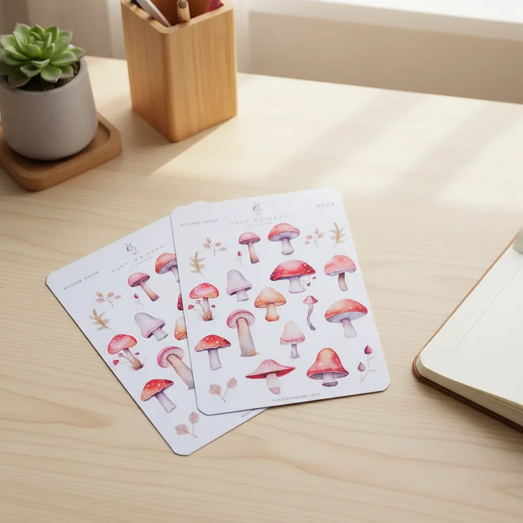 Hoja De 20 Stickers Hongos Mushrooms Vintage Bullet Bujo