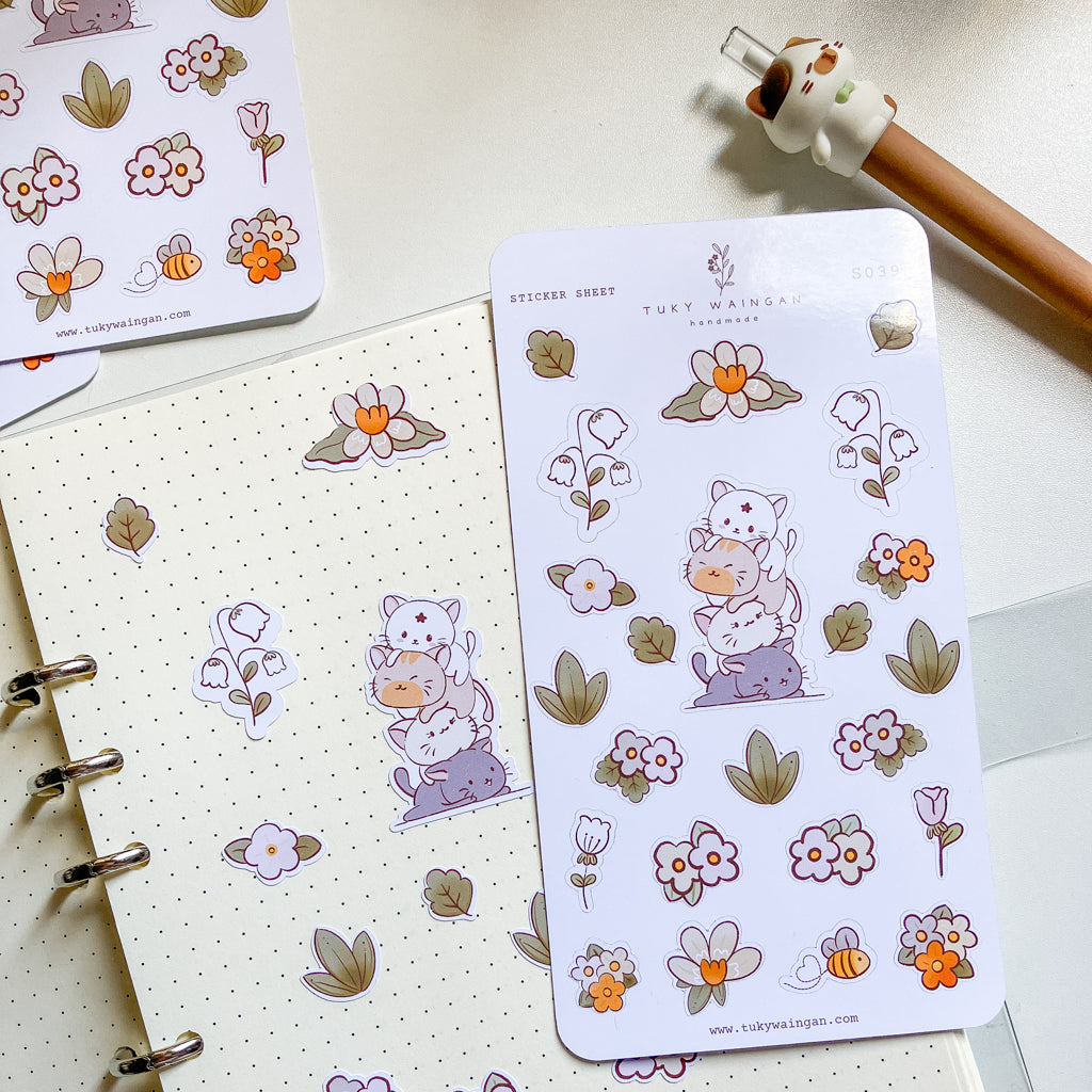 Hoja 23 Stickers Gatitos Traviesos Y Flores Kawaii