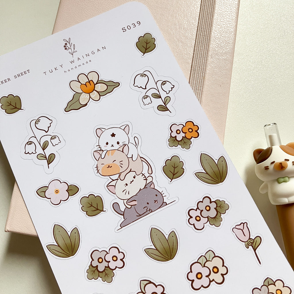 Hoja 23 Stickers Gatitos Traviesos Y Flores Kawaii