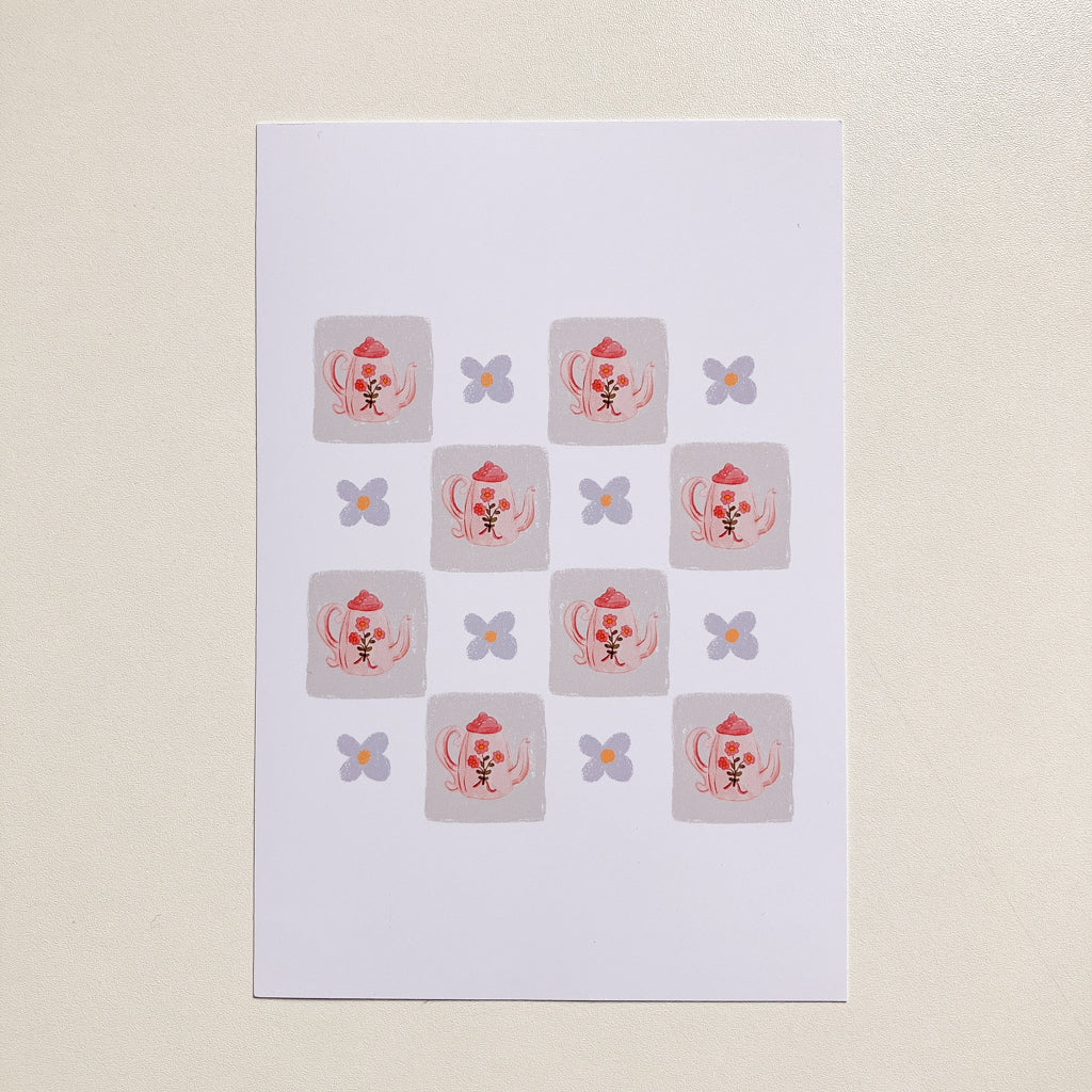 Postal Ilustrada, tarjeta 10x15 cm. Teteras florales