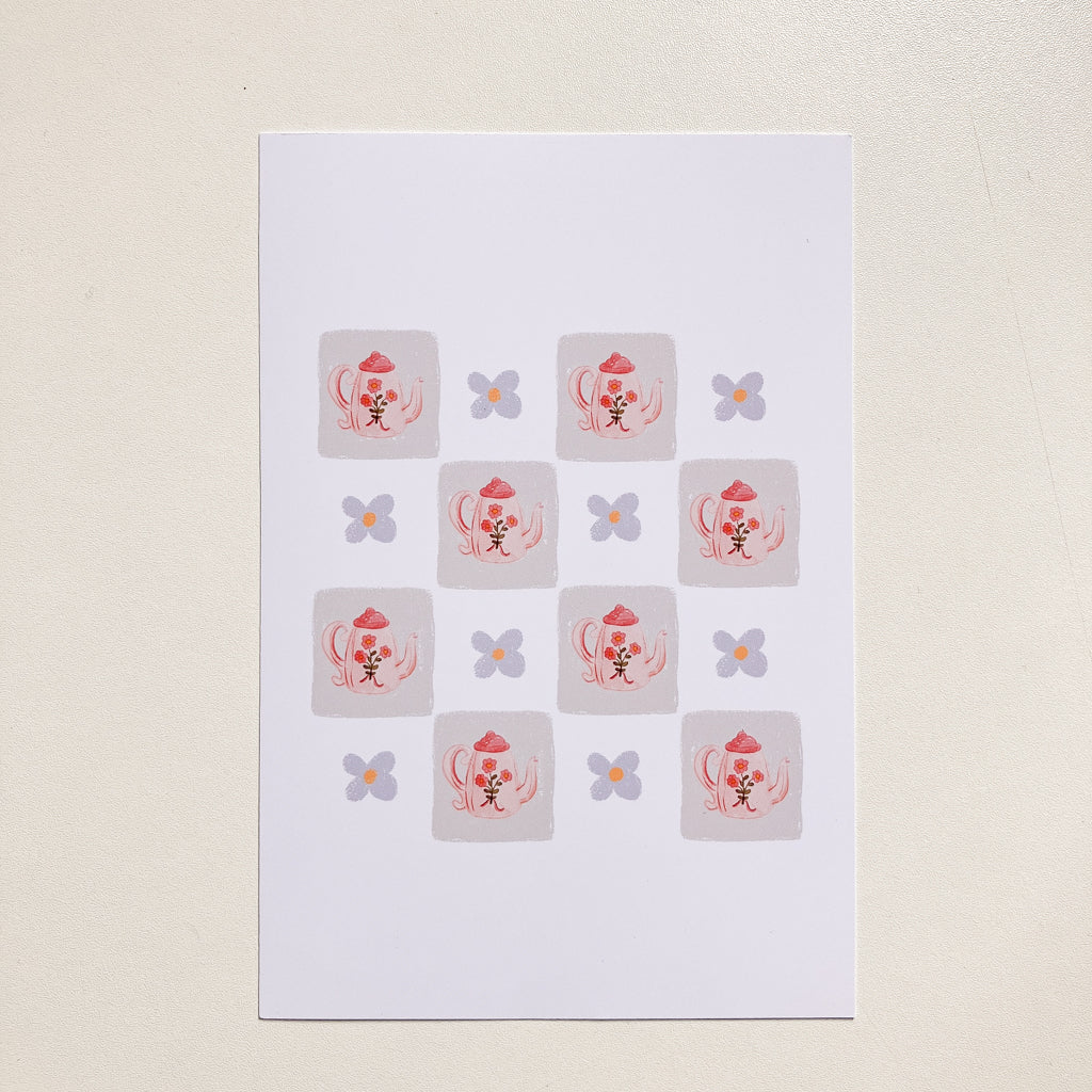 Postal Ilustrada, tarjeta 10x15 cm. Teteras florales