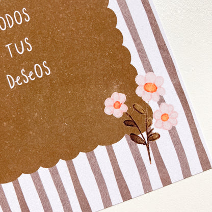 Postal Ilustrada, tarjeta 10x15 cm. Que se cumplan todos tus deseos