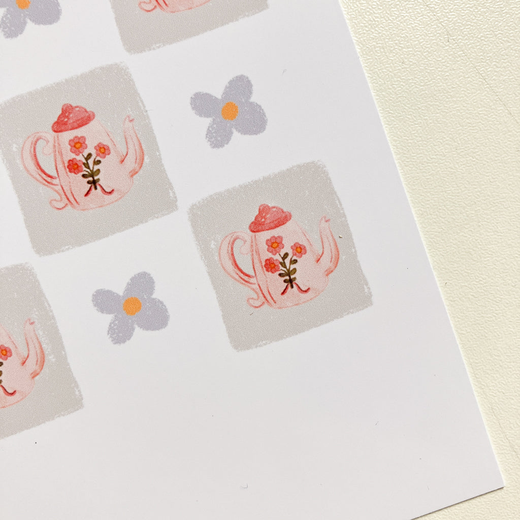 Postal Ilustrada, tarjeta 10x15 cm. Teteras florales