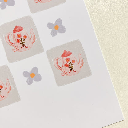 Postal Ilustrada, tarjeta 10x15 cm. Teteras florales