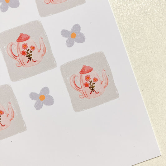 Postal Ilustrada, tarjeta 10x15 cm. Teteras florales