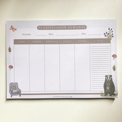 Planner Semanal A4 Emblocado Tejón | 50 Hojas Ilustradas