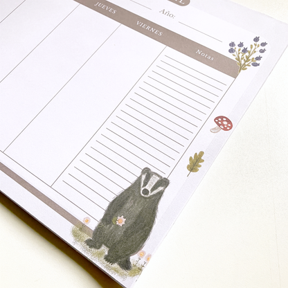 Planner Semanal A4 Emblocado Tejón | 50 Hojas Ilustradas
