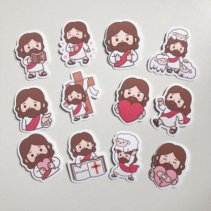 Los 12 stickers ilustrados de Jesús del set, impresos en vinilo resistente al agua
