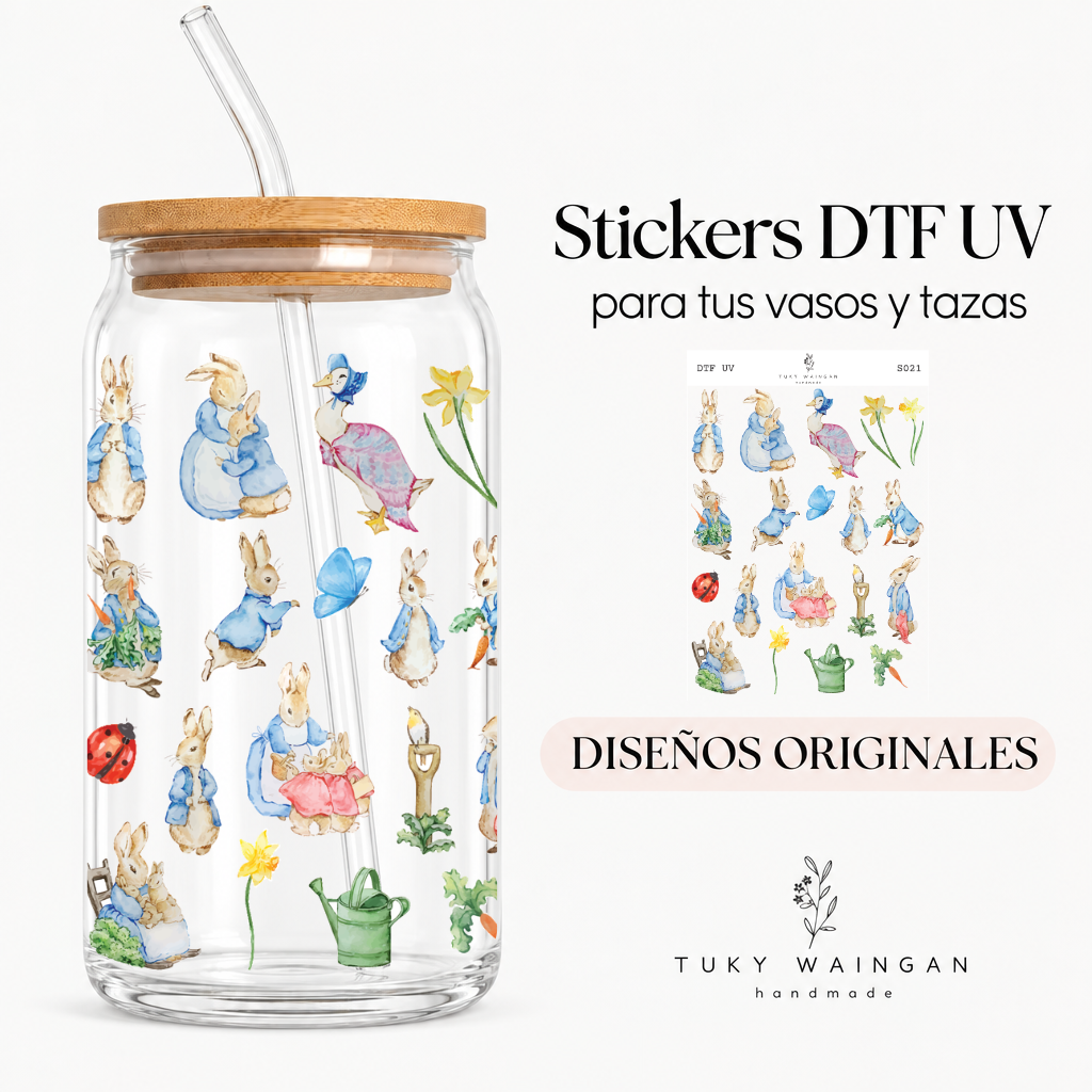Plancha de stickers DTF UV · Conejitos de jardín · S021