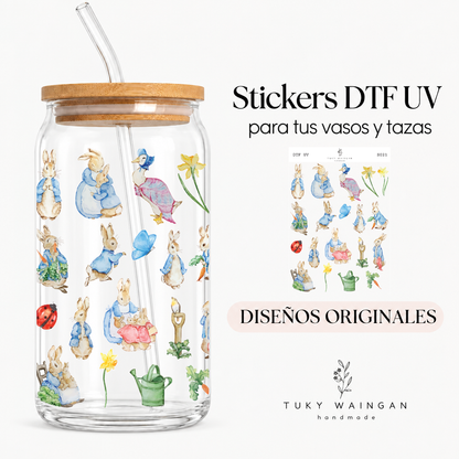 Plancha de stickers DTF UV · Conejitos de jardín · S021