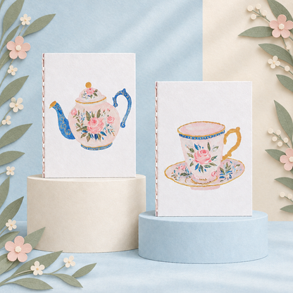 Libretas Hora del Té con flores y hojas de papel recortado