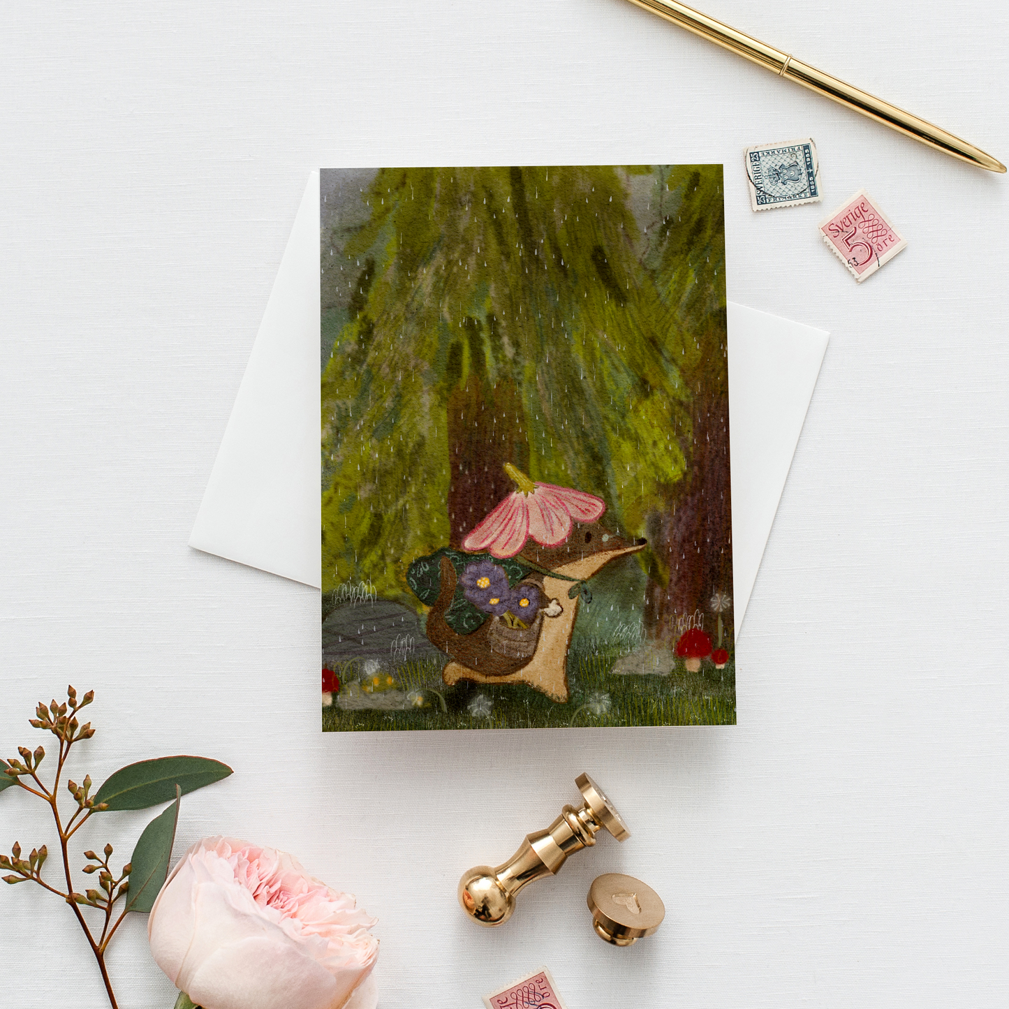 Postal Ilustrada, tarjeta 10x15 cm. Martita en la lluvia