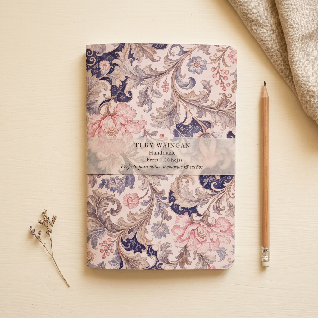 Mockup de la libreta floral en una escena cálida con lino y lápiz