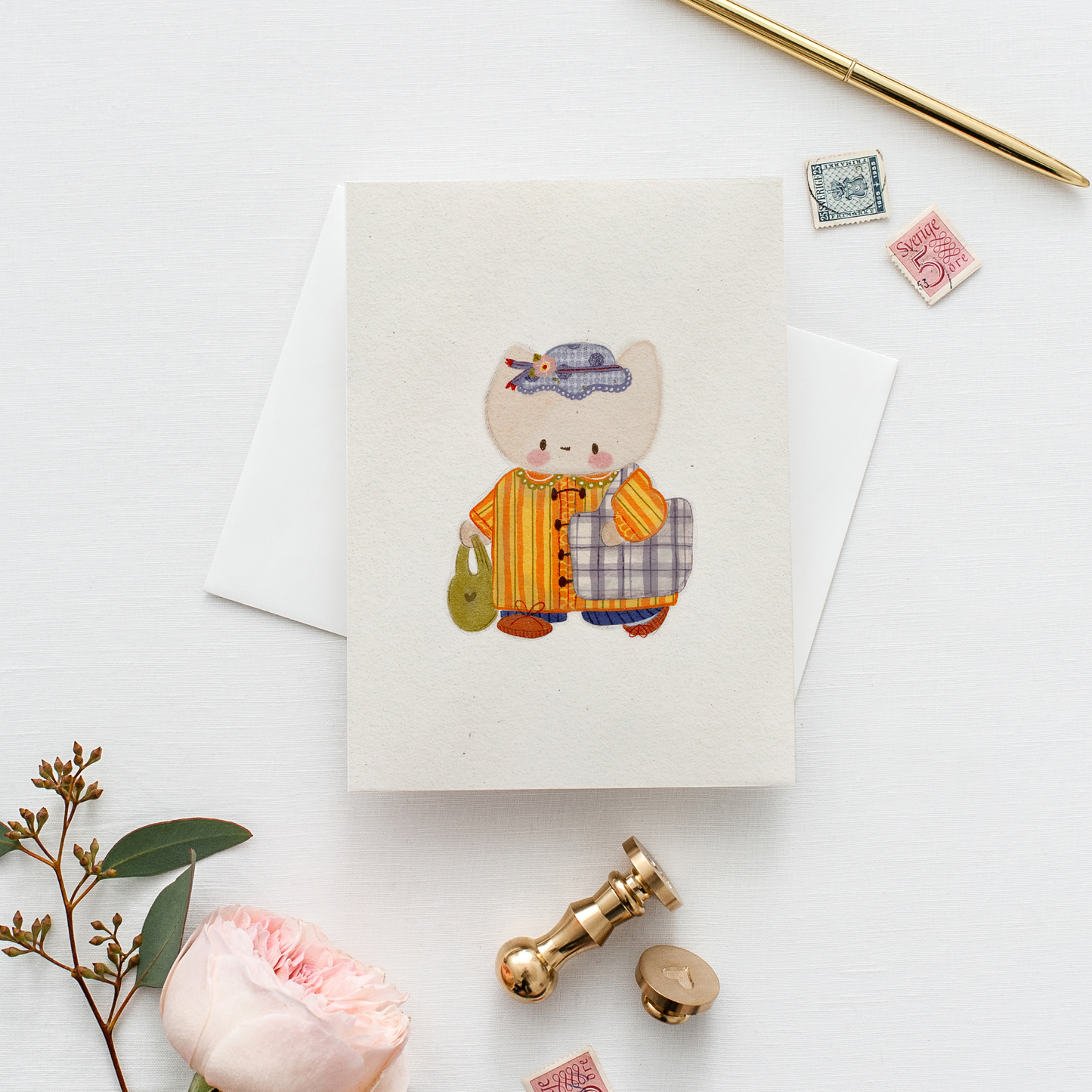 Postal Ilustrada, tarjeta 10x15 cm. Gatita de compras