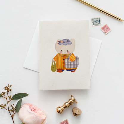 Postal Ilustrada, tarjeta 10x15 cm. Gatita de compras