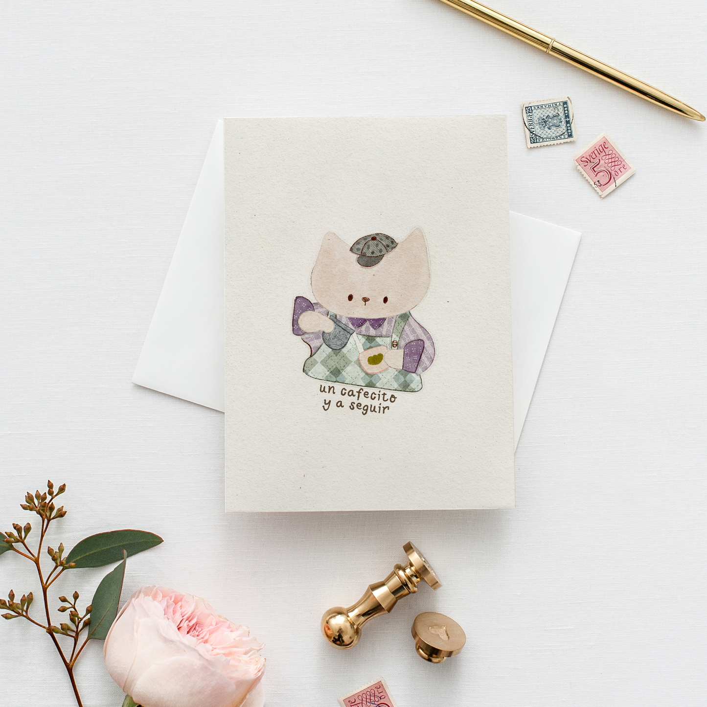 Postal Ilustrada, tarjeta 10x15 cm. Un cafecito y a seguir
