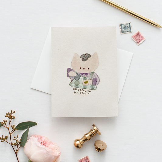 Postal Ilustrada, tarjeta 10x15 cm. Un cafecito y a seguir
