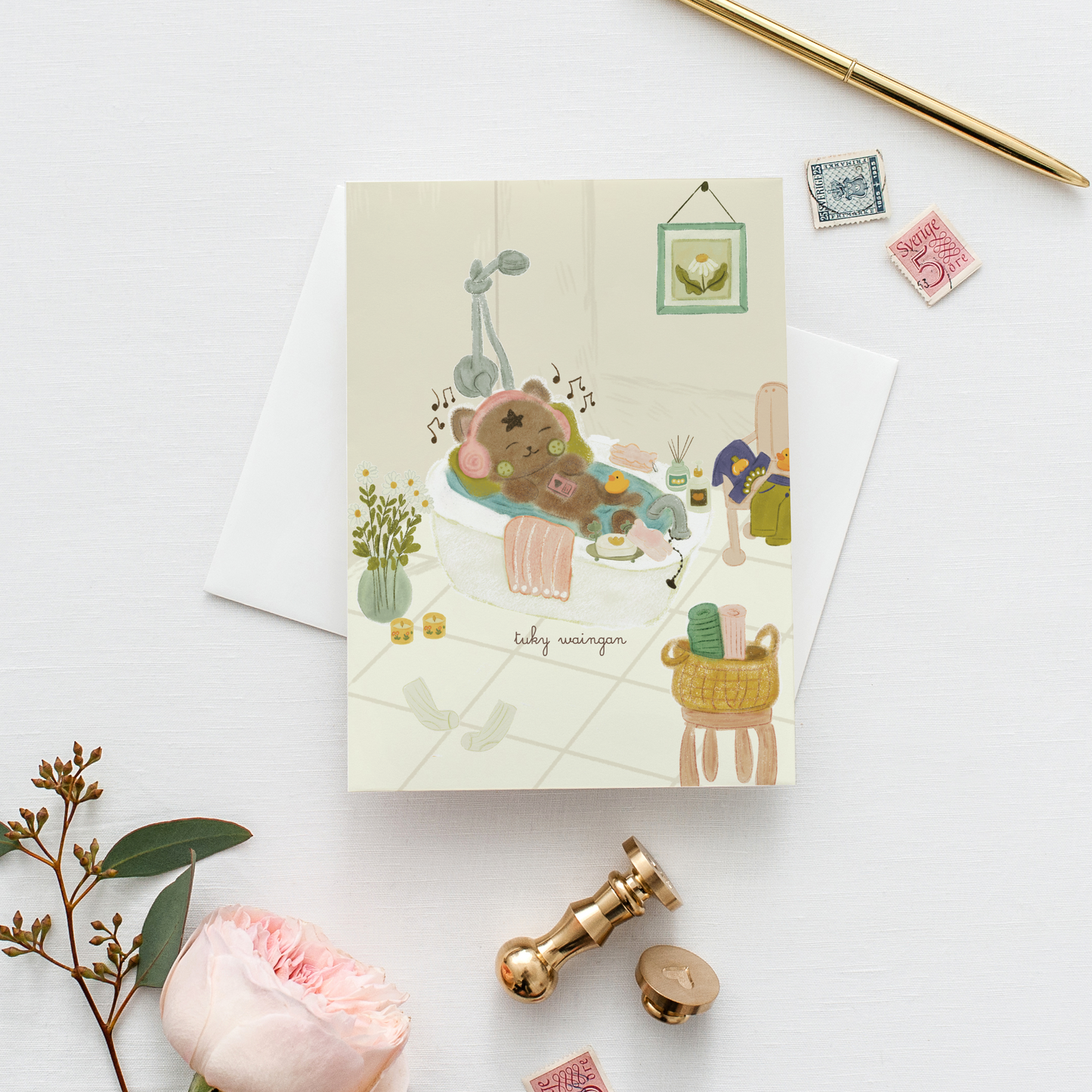 Postal Ilustrada, tarjeta 10x15 cm. Momento de spa